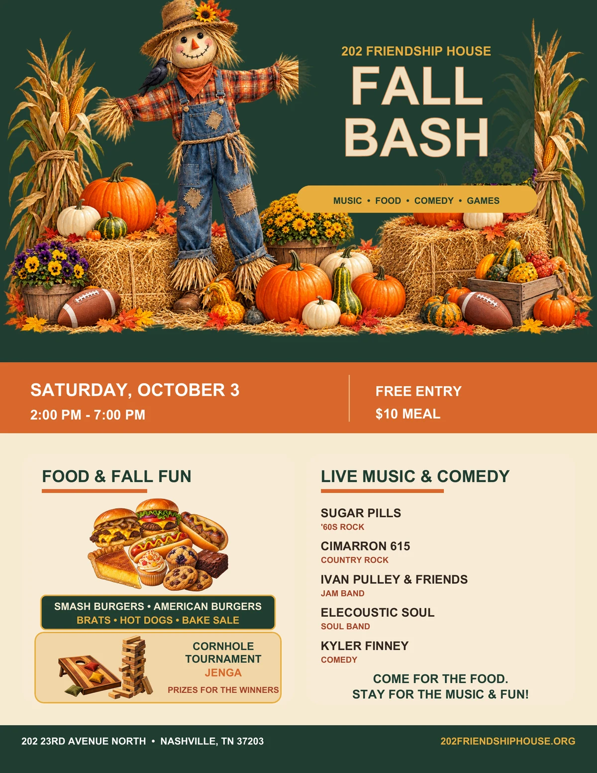 202 Friendship House Fall Bash flyer. Saturday, October 3, 2–7 PM. Free entry, $10 meal. Full event details are listed alongside the flyer.
