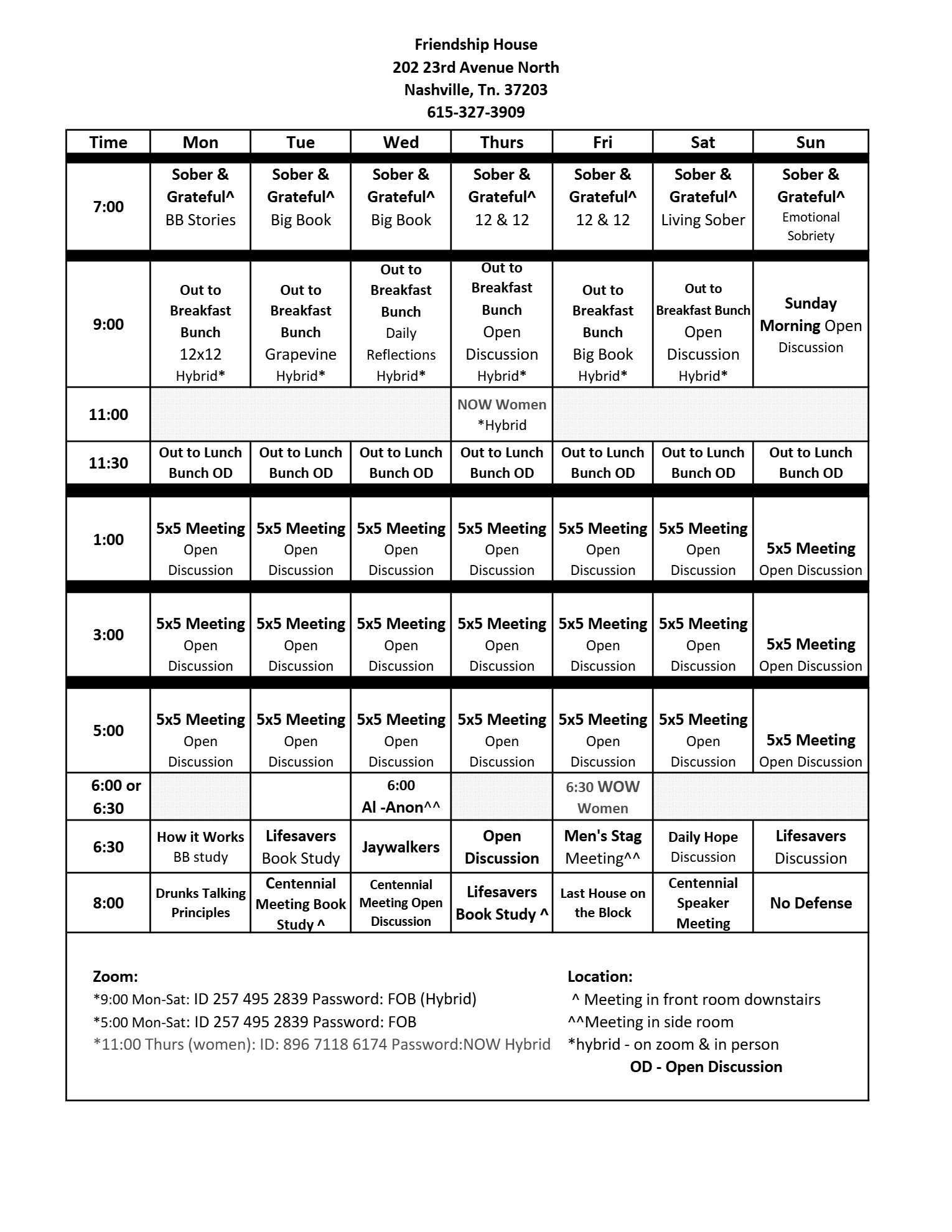 Printed Friendship House weekly meeting schedule showing AA, Al-Anon, in-person, and Zoom meeting times